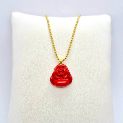 Natural Red Cinnabar Mini Buddha Pendant with Gold Plated Stainless Steel Chain Necklace