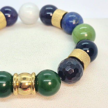 Mixed Natural 12mm Stone Bracelet with Obsidian, Onyx, Lapis, Tourmaline, Hetian and Burmese Jade