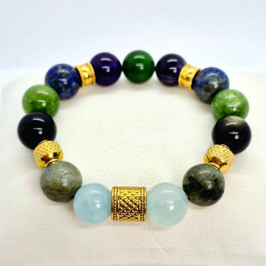 Natural Stone Bracelet with Aquamarine, Labradorite, Obsidian, Amethyst, Tourmaline, Lapis and Jade in 12mm Stones