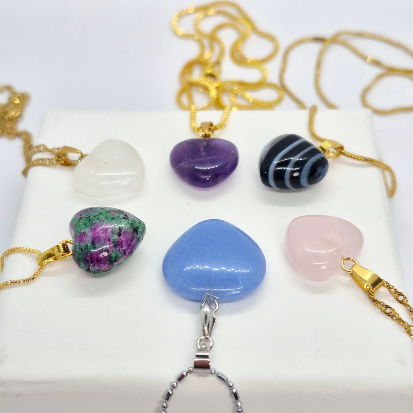 Natural Stone Mini Hearts in Amethyst, White Crystal, Ruby Stone, Blue Angelite, Striped Agate and Rose Quartz with Stainless Steel Chain Necklace