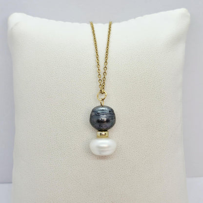 Natural Black & White Pearl Pendant with Gold Plated Stainless Steel Chain Necklace