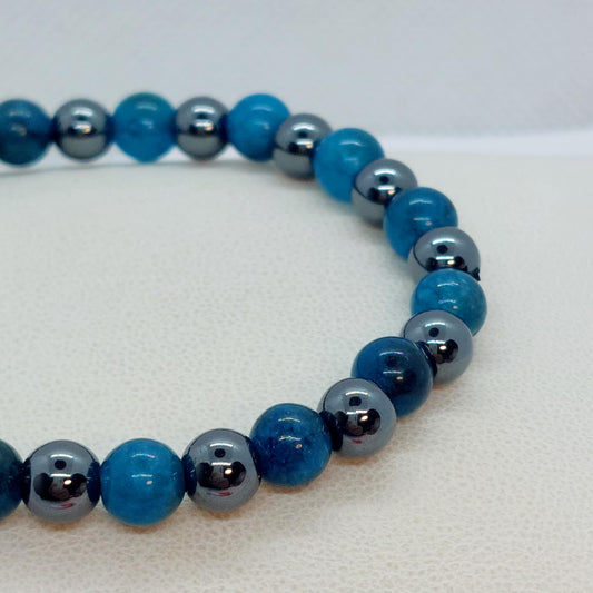 Natural Blue Apatite and Hematite Bracelet 6mm Stones