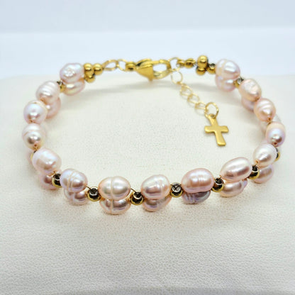 Natural Peach Pearl Bracelet in Stainless Steel Setting