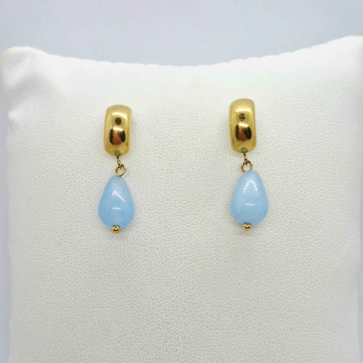 Natural Blue Chalcedony Dangle Earrings in Stainless Steel Gold Plated