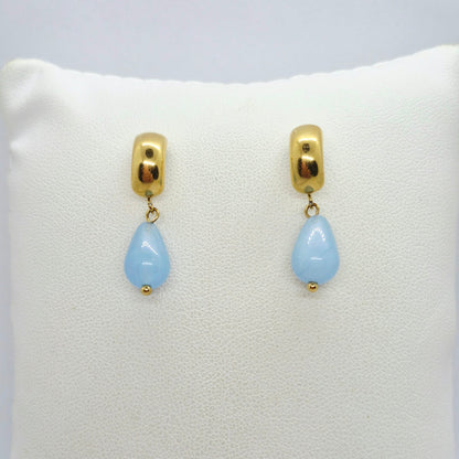 Natural Blue Chalcedony Dangle Earrings in Stainless Steel Gold Plated