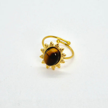 Natural Stone Ring in Gold Plated Stainless Steel Resizeable, Tiger Eye, Rose Quartz, Yellow Jade and  Aventurine