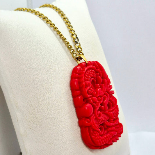 Natural Red Hetian Jade Dragon Pendant with Stainless Steel Gold Plated Chain Necklace