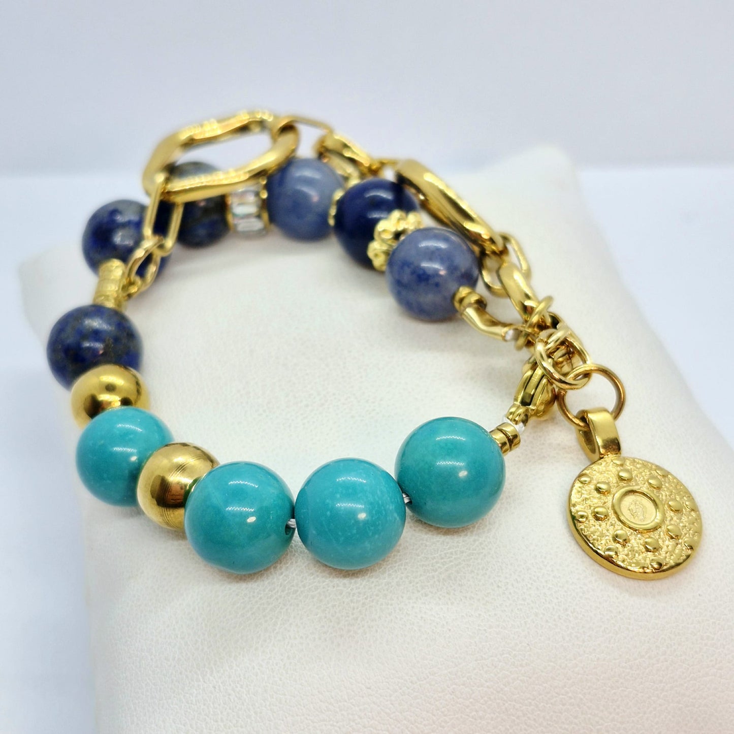 Natural 12mm Blue Stone Bracelet with Turquoise, Lapis and Aventurine