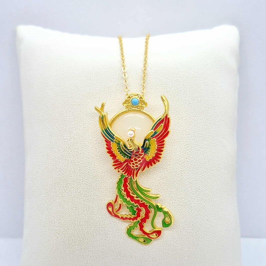 Natural Hetian Jade Pendant and Brooch Silver Plated Phoenix with Chain Necklace