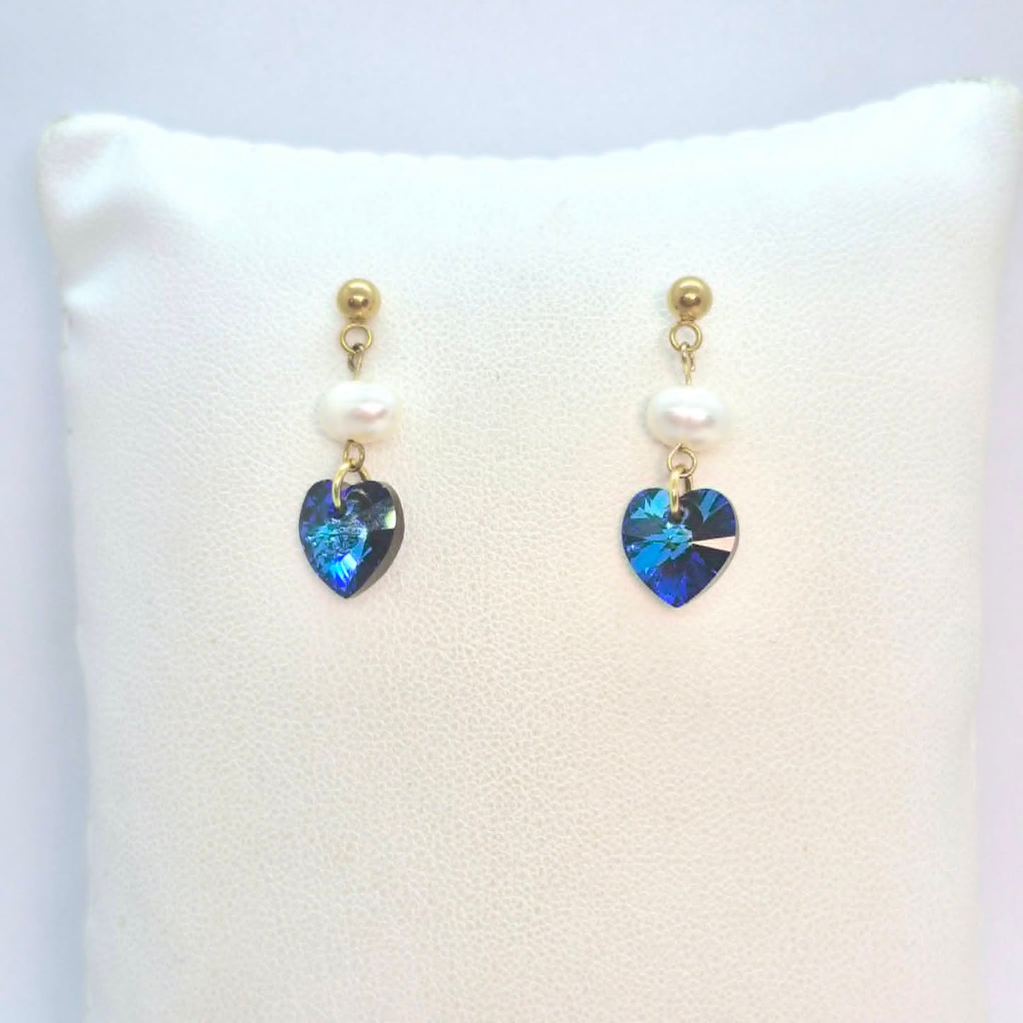 Natural Pearl and Blue Heart Dangle Earrings in Gold Plated Stainless Steel