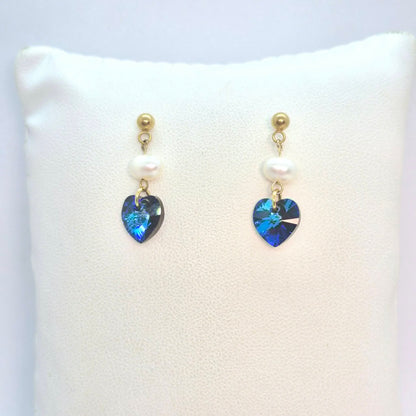 Natural Pearl and Blue Heart Dangle Earrings in Gold Plated Stainless Steel