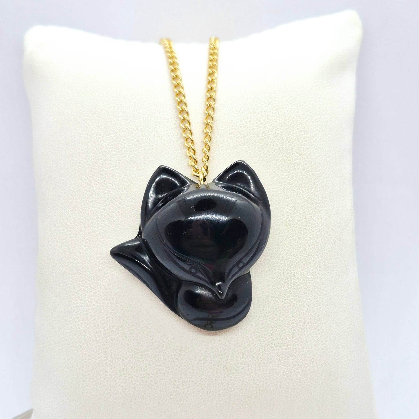 Natural Obsidian Nine Tail Fox Pendant with Stainless Steel Gold Plated Chain Necklace