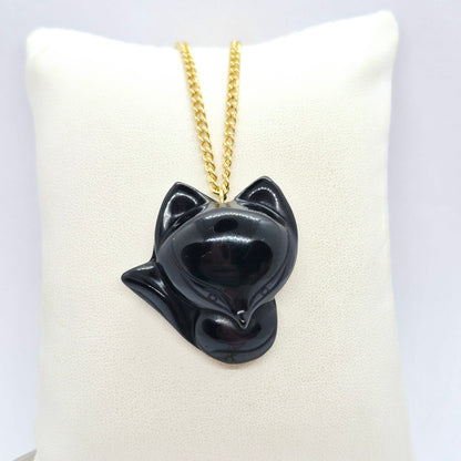 Natural Obsidian Nine Tail Fox Pendant with Stainless Steel Gold Plated Chain Necklace