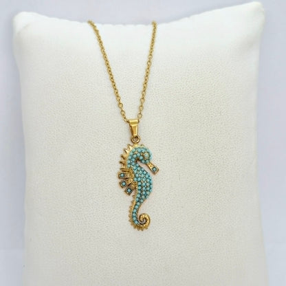 Turquoise Seahorse Pendant with Gold Plated Stainless Steel Chain Necklace
