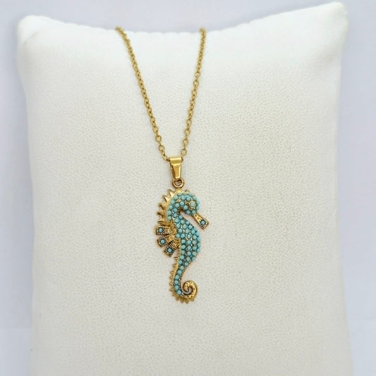 Turquoise Seahorse Pendant with Gold Plated Stainless Steel Chain Necklace