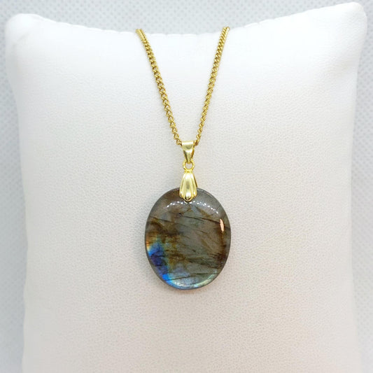 Natural Labradorite Stone Pendant with Gold Plated Stainless Steel Chain Necklace