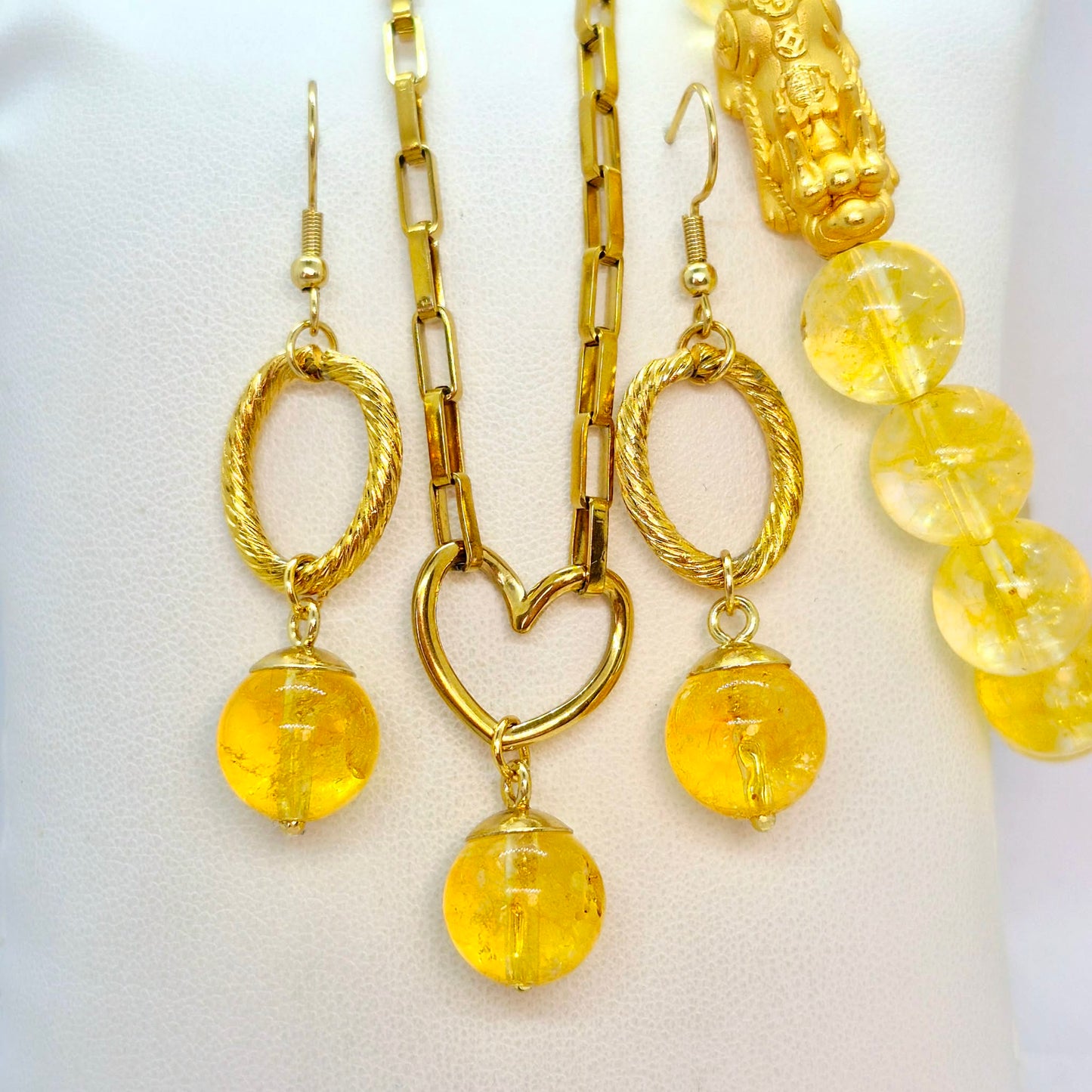 Natural Citrine Set in Gold Plated Stainless Steel with Silver Pixiu