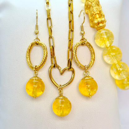 Natural Citrine Set in Gold Plated Stainless Steel with Silver Pixiu