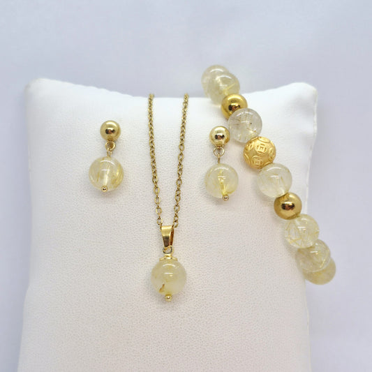 Natural Rutilated Quartz Set in 10mm Stones with Stainless Steel Gold Plated
