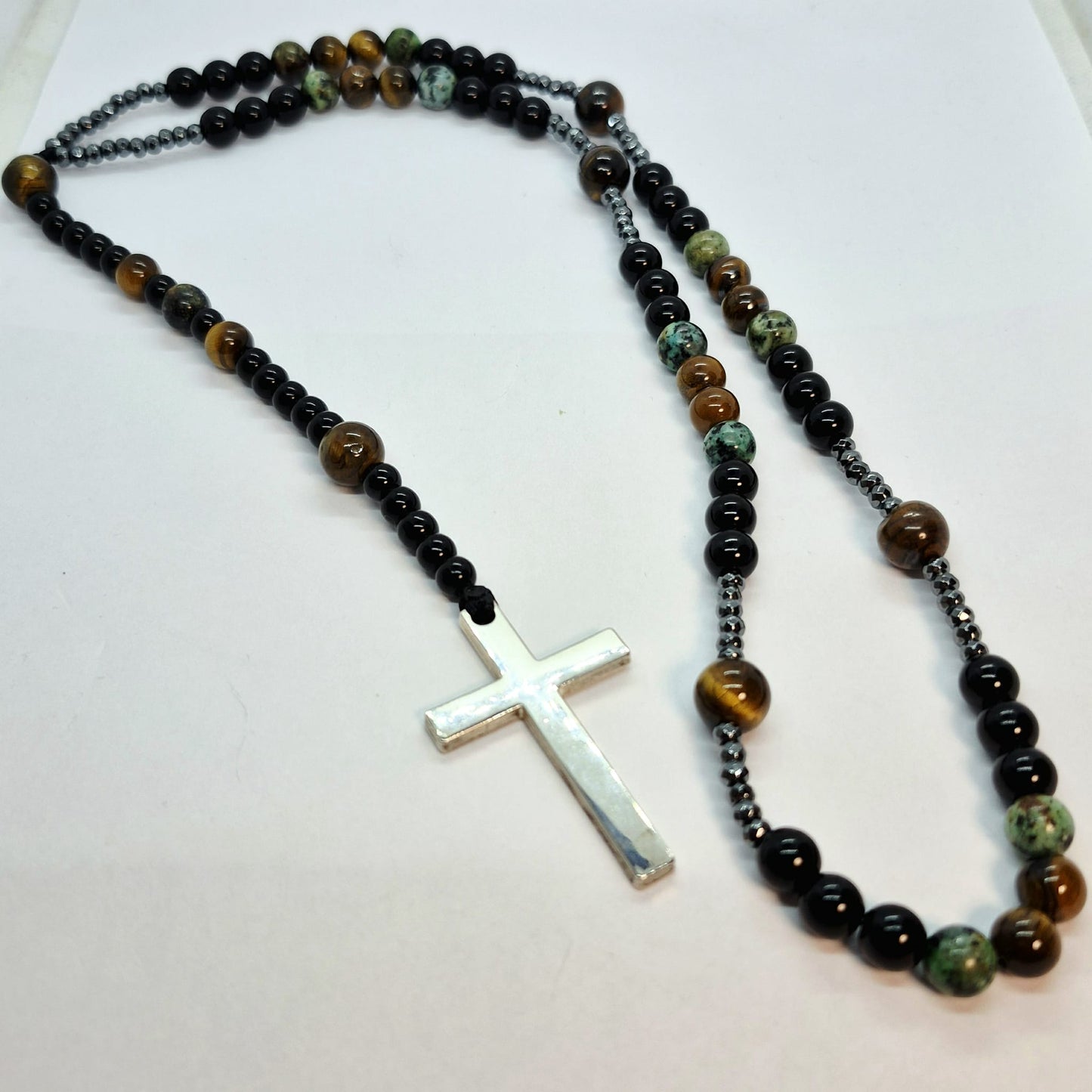 Natural Indian Agate and Obsidian Rosary with Hematite and Titanium