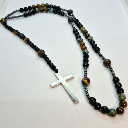 Natural Indian Agate and Obsidian Rosary with Hematite and Titanium