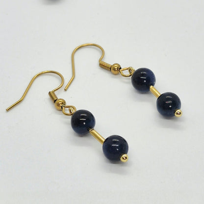Natural Blue Tiger Eye Necklace and Earrings Set In Gold Plated Stainless Steel