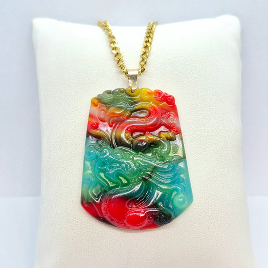 Natural Multi Colored Hetian Jade Dragon Pendant with Stainless Steel Gold Plated Chain Necklace