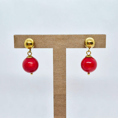 Natural Coral Dyed Red Set in 12mm Stones and Gold Plated Stainless Steel with Chain Necklace