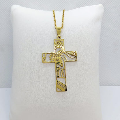 Cross with Jesus  in Stainless Steel Gold Plated Chain Necklace