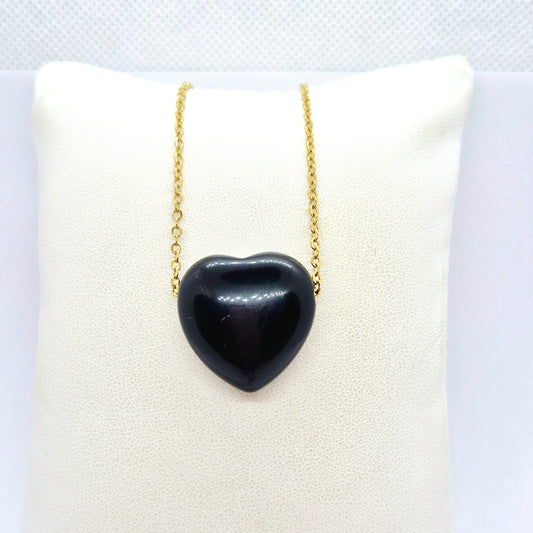 Natural Obsidian Heart Pendant with Stainless Steel Gold Plated Chain Necklace