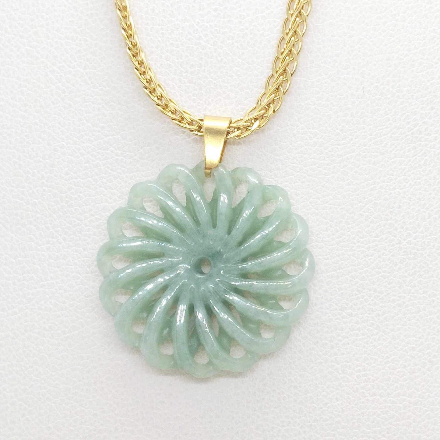 Natural Burmese Jade Flower of Life Pendant with Gold Plated Stainless Steel Chain Necklace