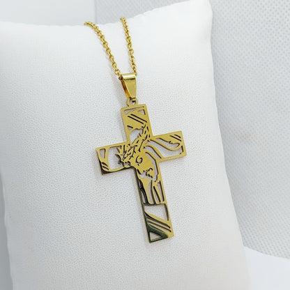 Cross with Jesus  in Stainless Steel Gold Plated Chain Necklace
