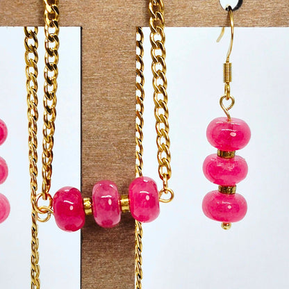 Natural Pink Chalcedony Set in Gold Plated Stainless Steel with Chain Necklace