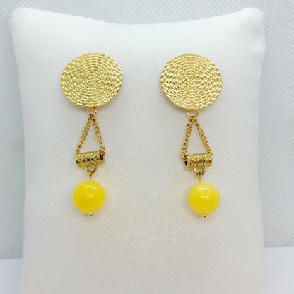 Natural Yellow Jade Dangle Earrings in Gold Plated Stainless Steel