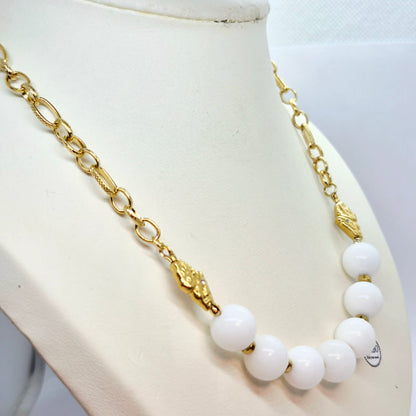 White Porcelain Set in 12mm Stones and Gold Plated Stainless Steel with Chain Necklace