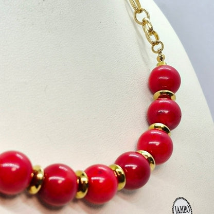 Natural Coral Dyed Red Set in 12mm Stones and Gold Plated Stainless Steel with Chain Necklace
