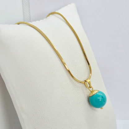Natural Turquoise 12mm Stone Pendant with Gold Plated Stainless Steel Snake Chain Necklace