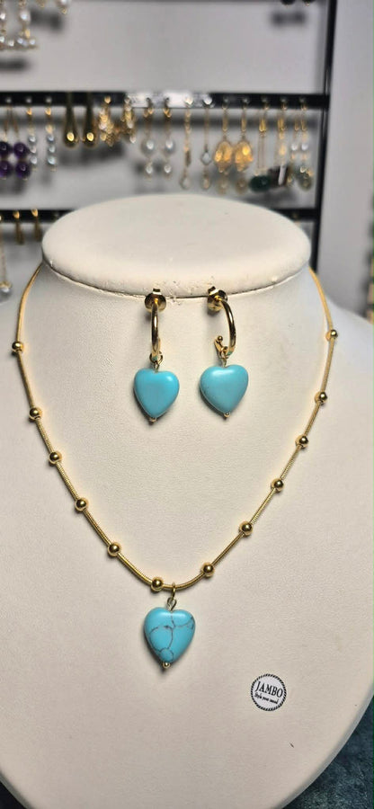 Natural Turquoise Heart Pendant with Gold Plated Stainless Steel Chain Necklace
