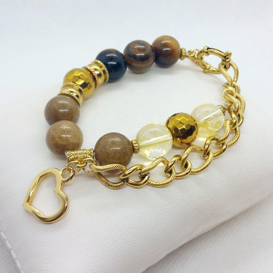 Natural Stone Bracelet with Brown Jade, Citrine, Tiger Eye and Hematite in 12mm Stones