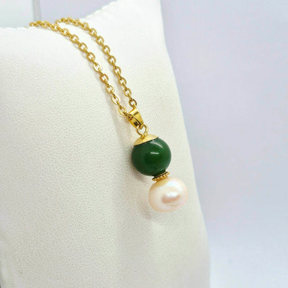 Natural Hetian Jade and 12mm Peach Pearl Pendant in Gold Plated Stainless Steel with Chain Necklace