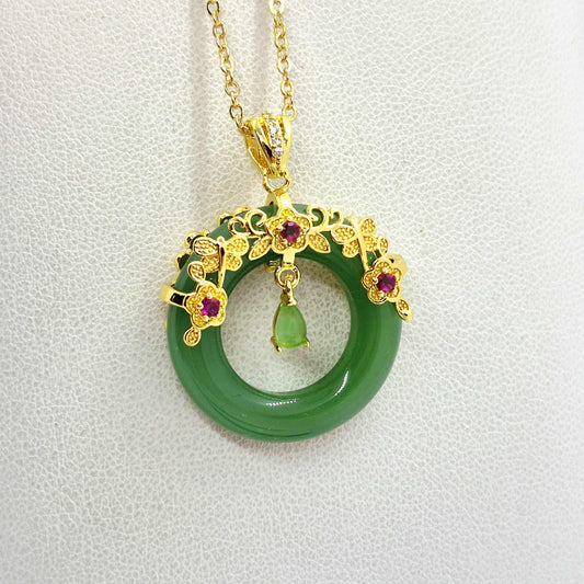 Natural Hetian Jade Pendant Silver Plated with Chain Necklace