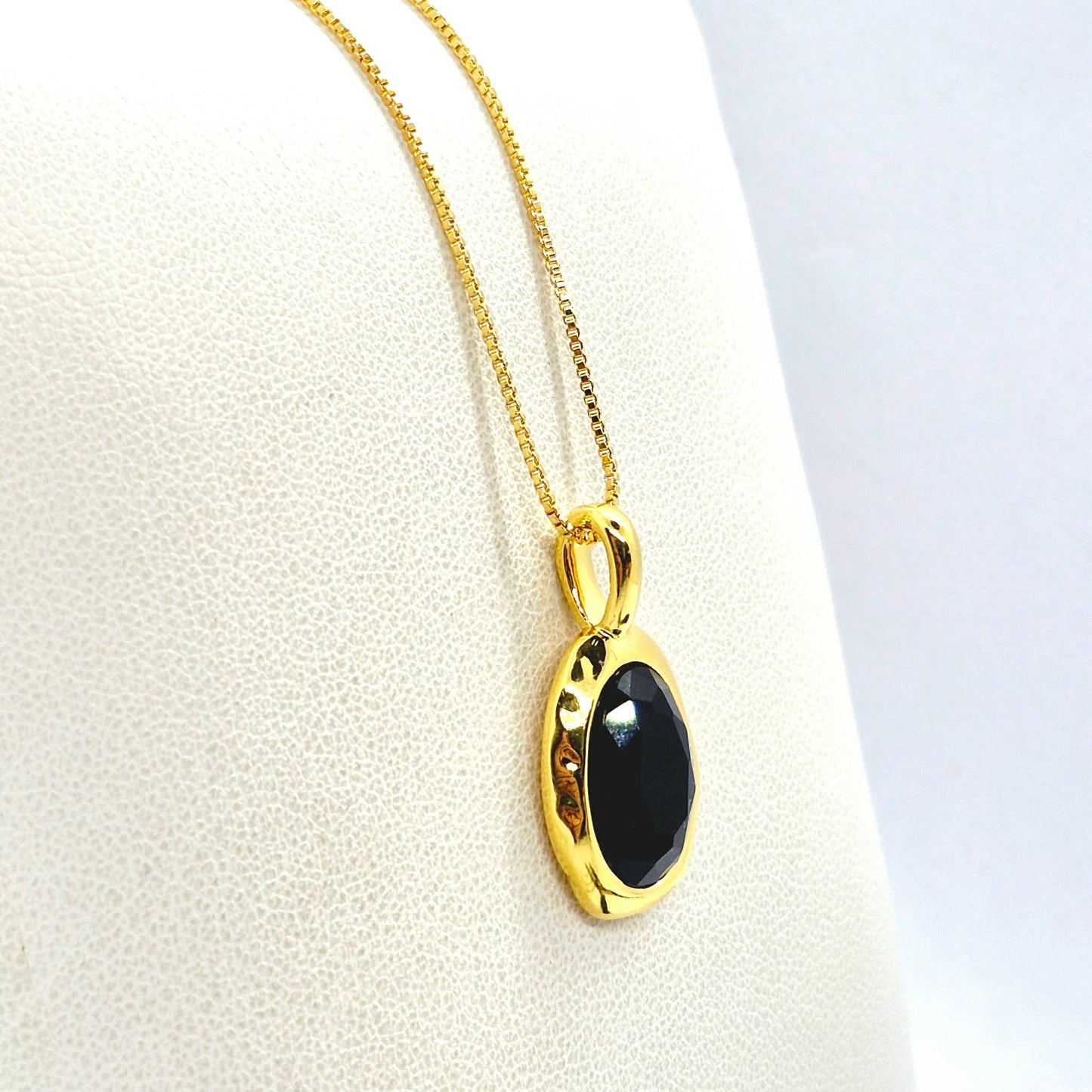 Natural Black Agate Pendant Necklace in Gold Platted Sterling Silver