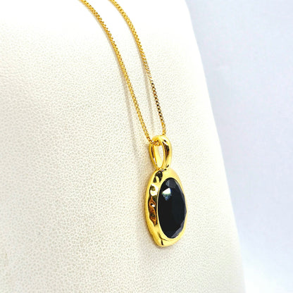 Natural Black Agate Pendant Necklace in Gold Platted Sterling Silver