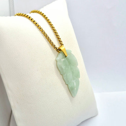 Natural Burmese Jade Leaf Pendant with Gold Platted Stainless Steel Necklace