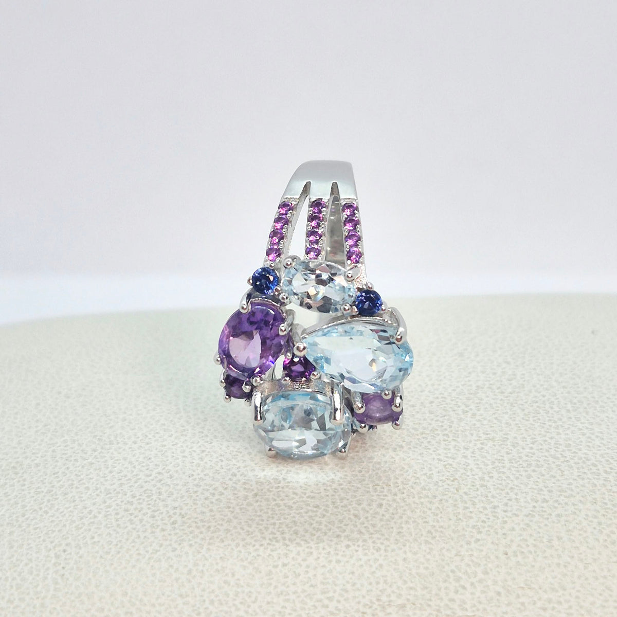 Natural Sky Blue Topaz and Amethyst Stone Ring in Sterling Silver with Nano Sapphire side stones