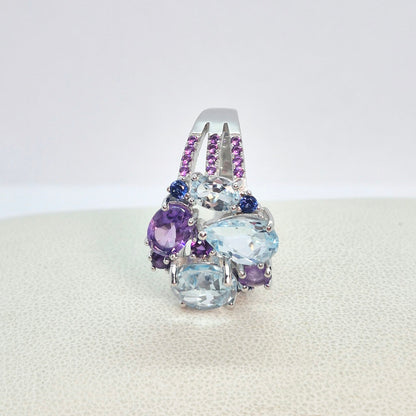 Natural Sky Blue Topaz and Amethyst Stone Ring in Sterling Silver with Nano Sapphire side stones