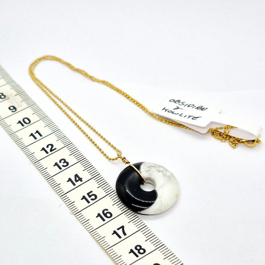 Natural Obsidian and Howlite Donut Pendant in Gold Plated Stainless Steel with Chain Necklace