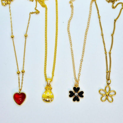 Gold Plated Stainless Steel Pendant with Chain Necklace, Heart, Flower, Clover and Money Bag