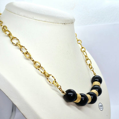 Natural Obsidian Set in 12-14mm Stones Gold Plated Stainless Steel with Chain Necklace