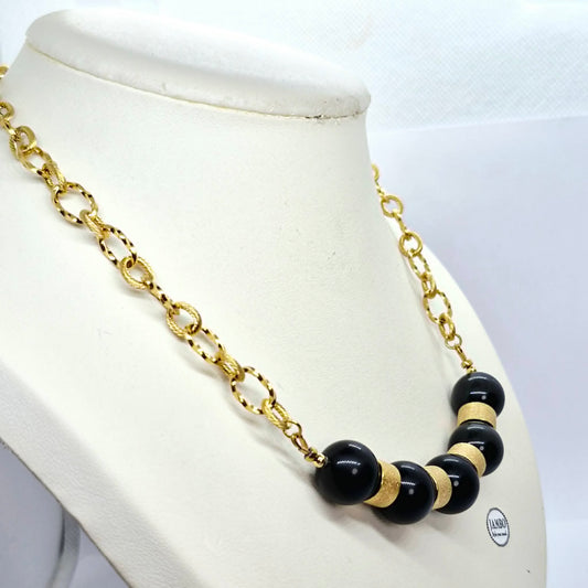 Natural Obsidian Set in 12-14mm Stones Gold Plated Stainless Steel with Chain Necklace